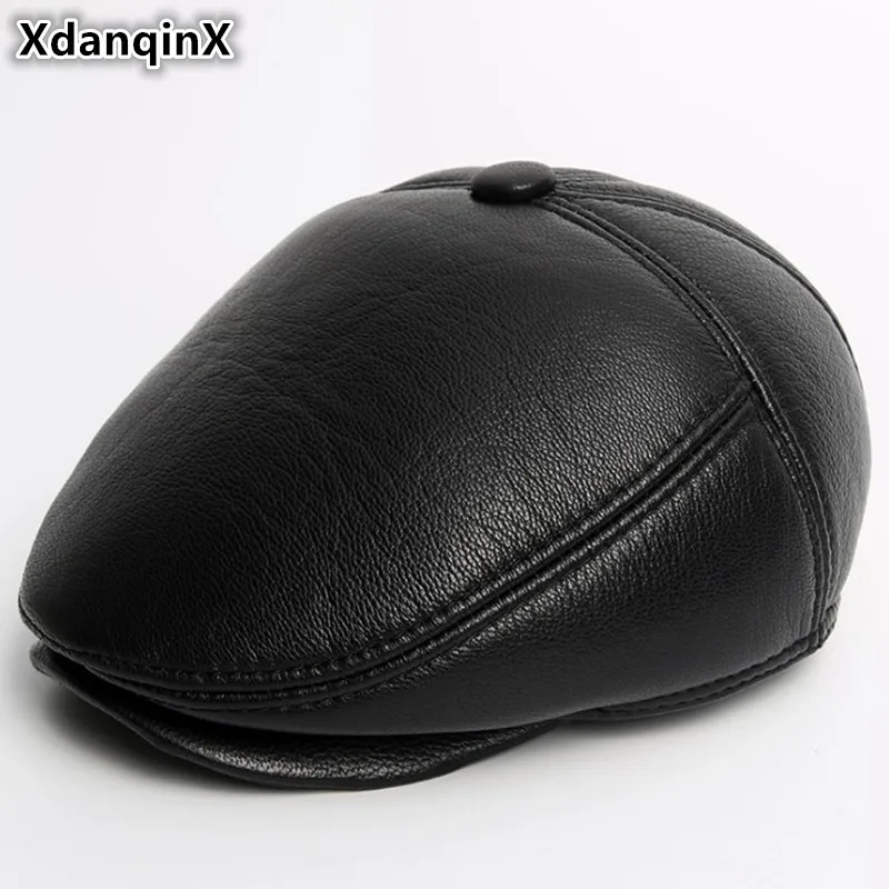 

XdanqinX Genuine Leather Hat Winter Men's Warm Velvet Thick Beret With Ears Sheepskin Earmuffs Hats For The Elderly Dad's Cap