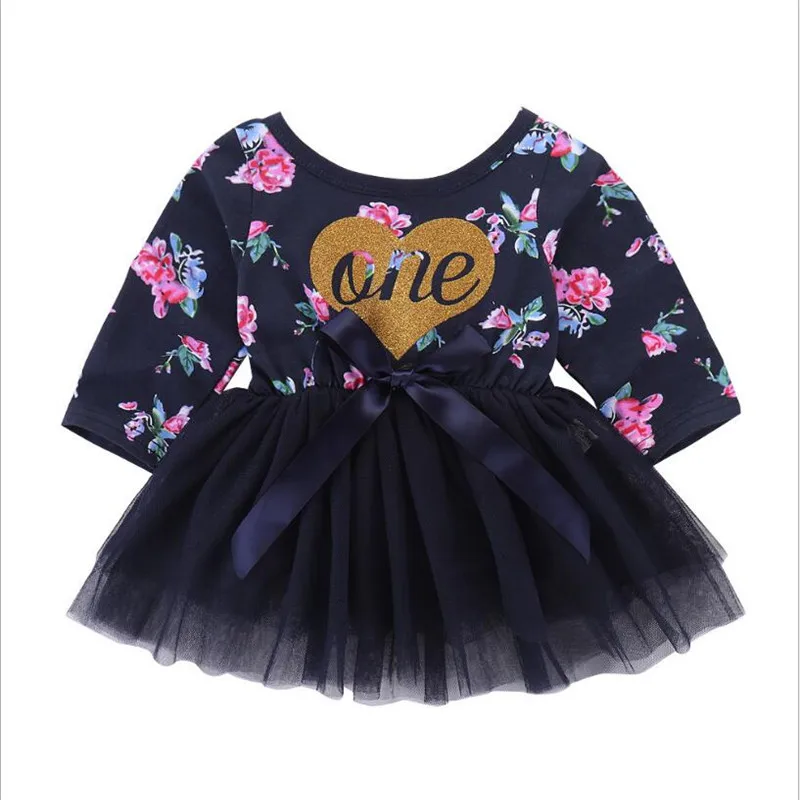 

Newborn Baby Girl Cotton Black Dresses Little Girls Letter Print Stitching Mesh Bow O-Neck Long Sleeve Princess Cute Clothing