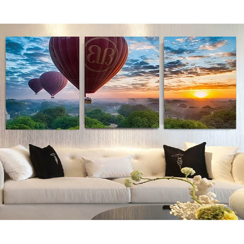 

40X50CM home decor Hand painted canvas Triptych oil paintings wall pictures for living room balloon sunset painting by number