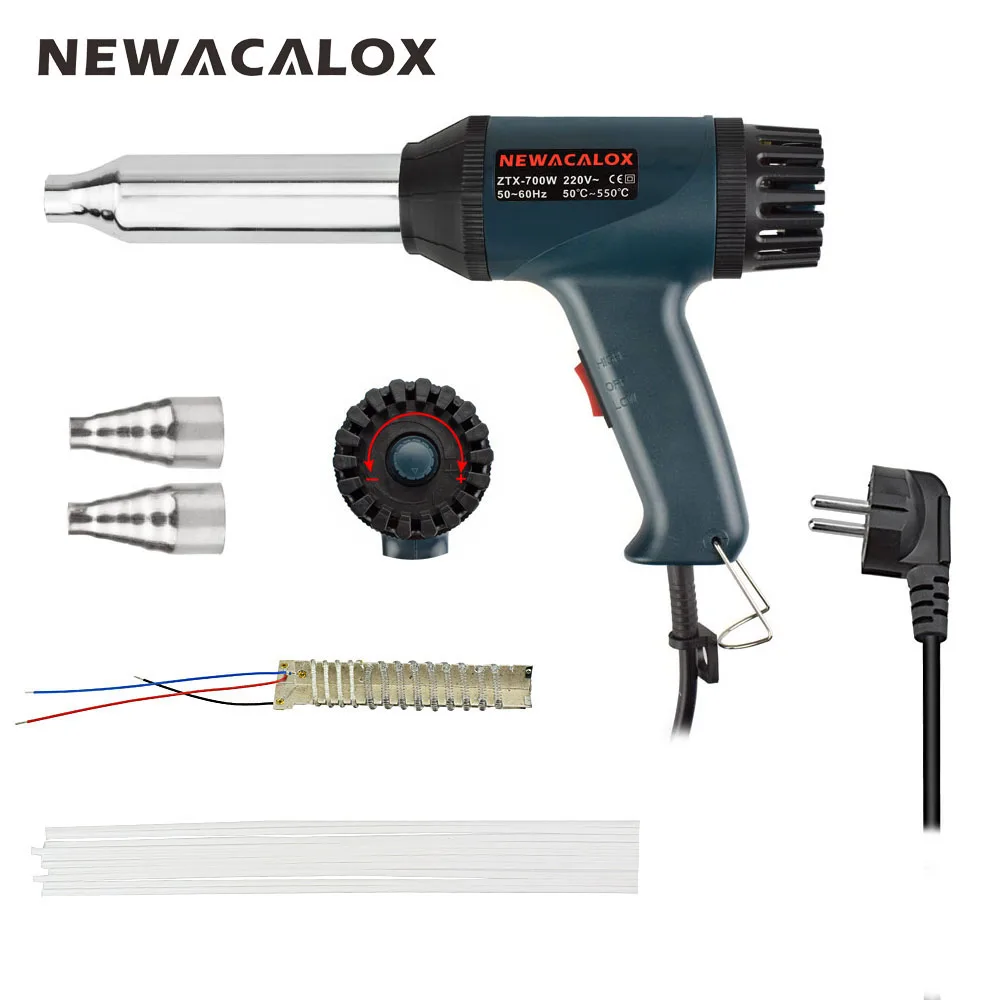 

NEWACALOX EU Plug 700W 220V Plastic Welding Torch Adjustable Temperature Hot Air Gun with 5pcs Plastic Welding Rods for Shrink