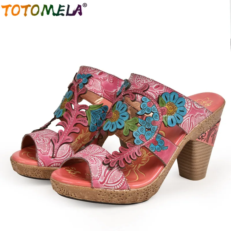 

TOTOMELA 2019 new arrive fashion women slippers printing flower comfortable Bohemia spike heels peep toe sweet women shoes