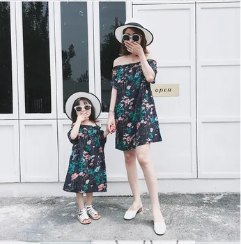 

Mommy and Me Clothes Summer 2019 Mew Mother Daughter Dresses Floral Print Dress Off Shoulder Holiday Family Look Dresses