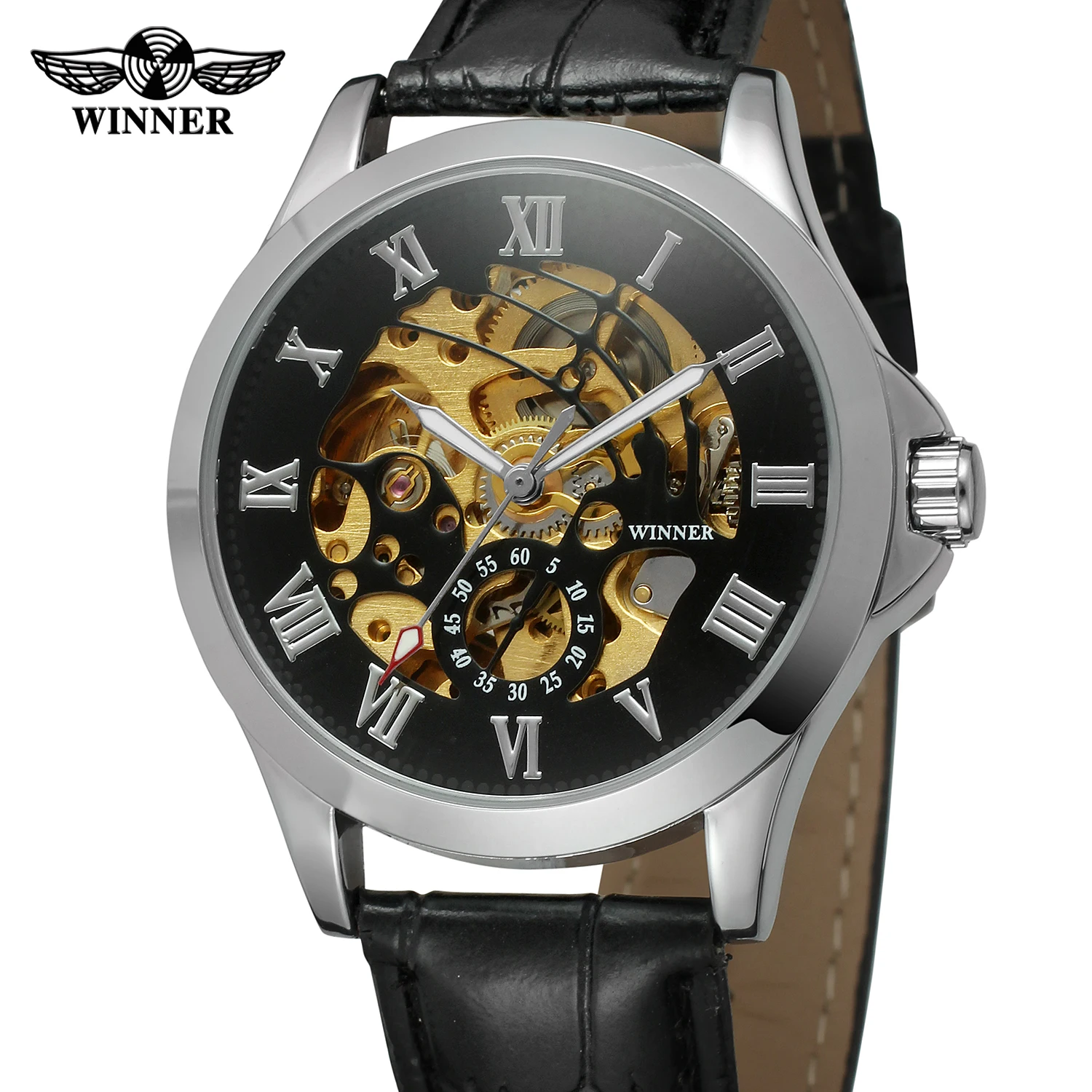 Winner Top Brand Men's Automatic Watch Classic Black Leather Skeleton Analogue Luxury Wrist