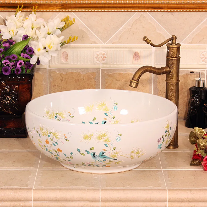 Porcelain China Classic Art washing basin Countertop Ceramic Bathroom Sink hand wash basin price flower and bird (1)