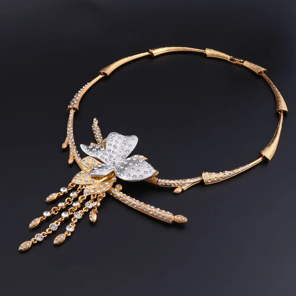 Свадебный подарок нигерийская Свадьба кисточкой ожерелье серьги кольцо браслет ювелирные изделия Мода Дубай кристалл костюм дизайн цветок ювелирный набор