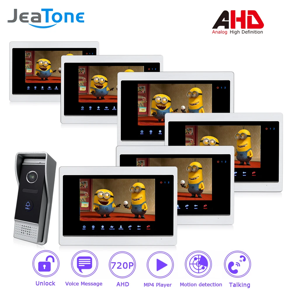 AHD 720P 4 Wired 7'' Video Door Phone Intercom Door Bell Door Speaker Security Motion Detection/Touch Button/MP4 Player/1 to 6