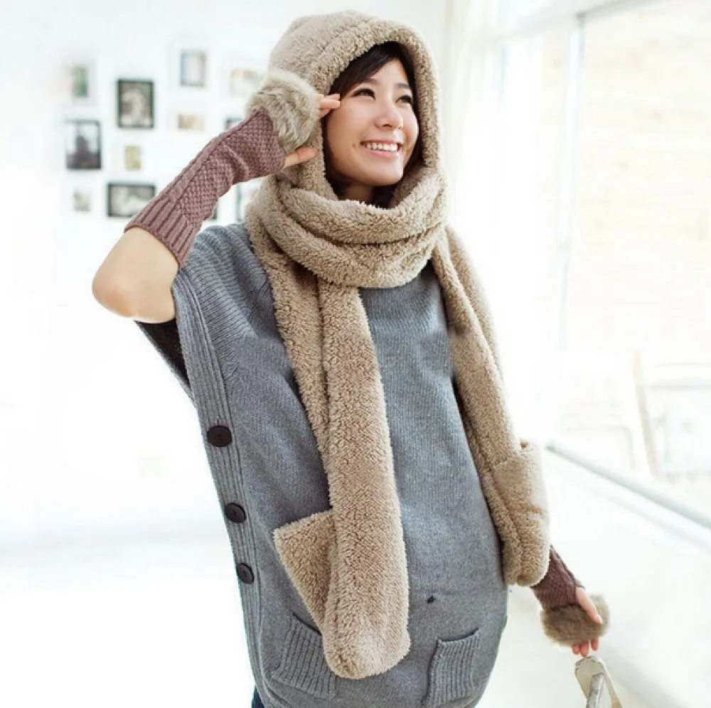 RUNMEIFA/ модная новинка, женская зимняя теплая мягкая плюшевая Кепка-капюшон из искусственного меха, шапка, шарфы с капюшоном, карманные перчатки шарф Bufanda mujer