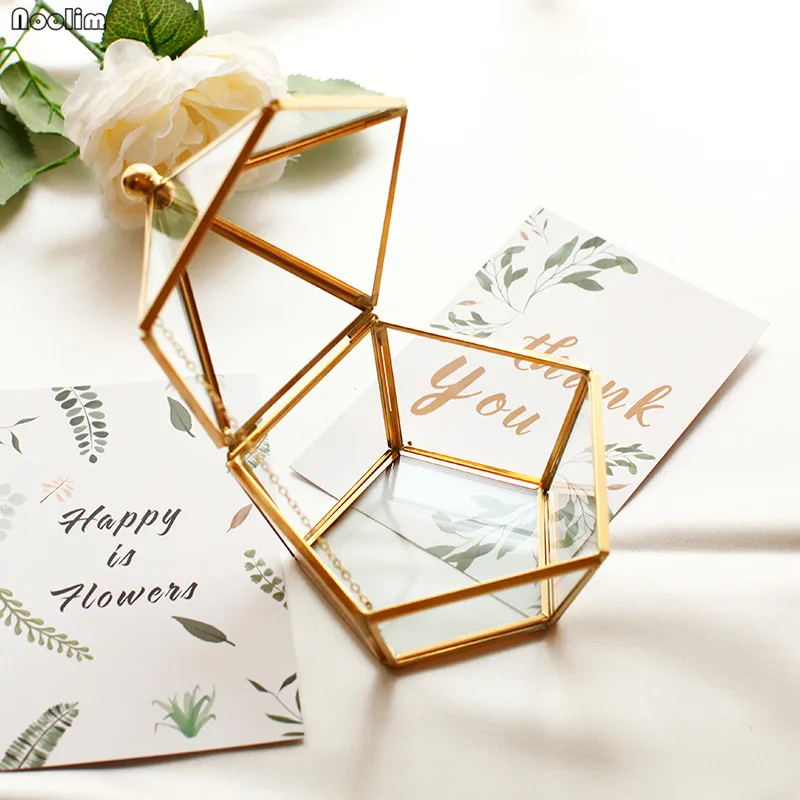 Скандинавские геометрические прозрачные стеклянные коробки для цветочной комнаты, стеклянные кольца, свадебные кольца, шкатулка для украшений, стеклянная крышка, креативный домашний Свадебный декор - Цвет: Pentagon Gold