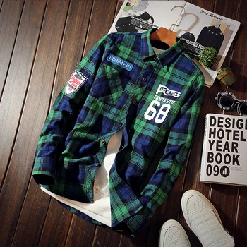 

2018 New College Style Spring And Autumn Couples Wear Tide Brand Number 68 Iong Sleeve Plaid Casual Shirt