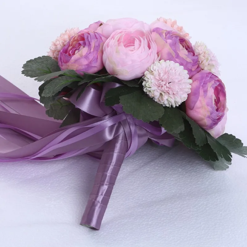 Красивый фиолетовый Букеты Свадебные невесты ручной Букет с лентой Buque De Noiva ручной работы Моделирование цветы из шелка