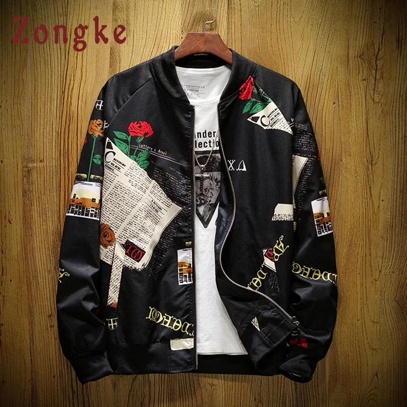 

Zongke Rose Print Black Bomber Jacket Men Fashions Hip Hop Streetwear Baseball Jacket Men Coat Men Jacket Coat 5XL 2019 Sping