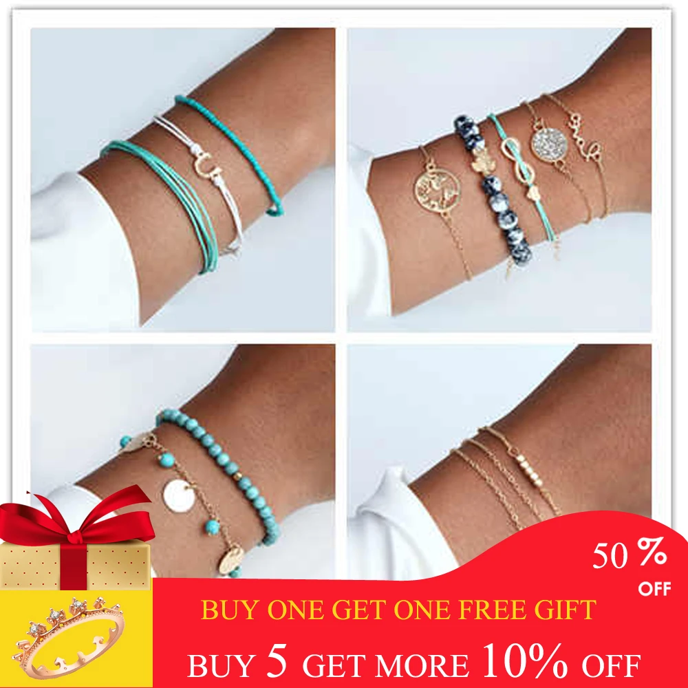 

Summer Hot Sale Bohemian Style Bracelet Set Boho Charm Pulseras Simple Natural Stone Bracelet For Women Silver Gold Love Chain