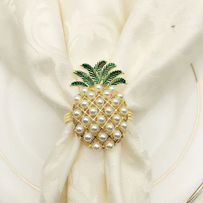 

6pcs/lot Cute Napkin Rings Pineapple Shape Pearl Beaded Shining Gold Silver Christening Bangle Metal Wedding Gift Party Supplies