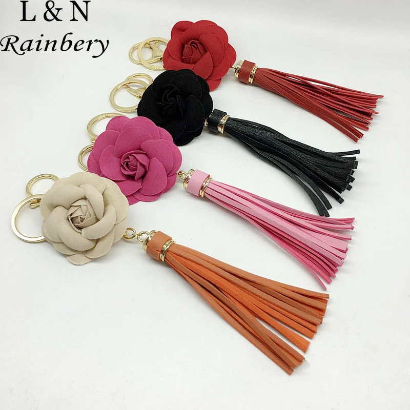 

Rainbery Flower Leather Tassel Keychain Bag Pendant Car Charm Key Chain Key Ring