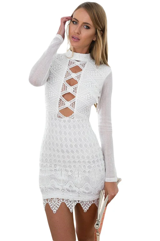 brand Vestidos women autumn spring vintage retro lace high neck Dress White Long Sleeved Keyhole Backless Lace party Dress 22783 long-white-lace-dress