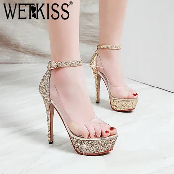 

WETKISS High Heels Sandals Women Peep Toe Footwear Transparent Pvc Platform Shoes Sandals Female Ankle Strap Shoes Woman Summer