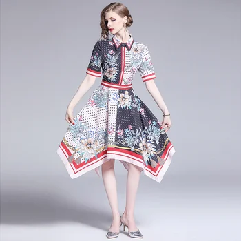 

Banulin 2019 New Fashion Runway Summer Asymmetry Dress Women's Short Sleeve Block Color Dot Floral Print Knee Length Dress