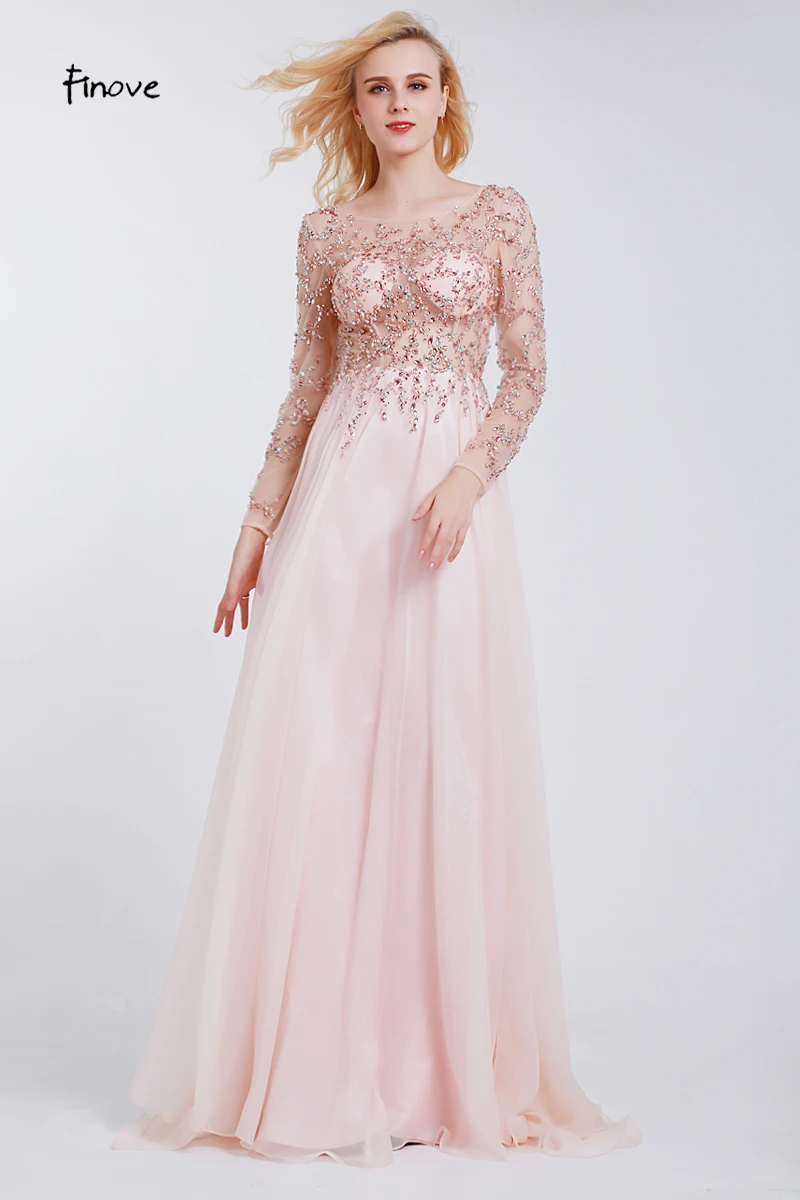 Finove Prom Dresses Long 2020 Long Sleeve Crystals Beading By Hand Sexy See-through A-Line Bridesmaid Dresses Robe de Soiree