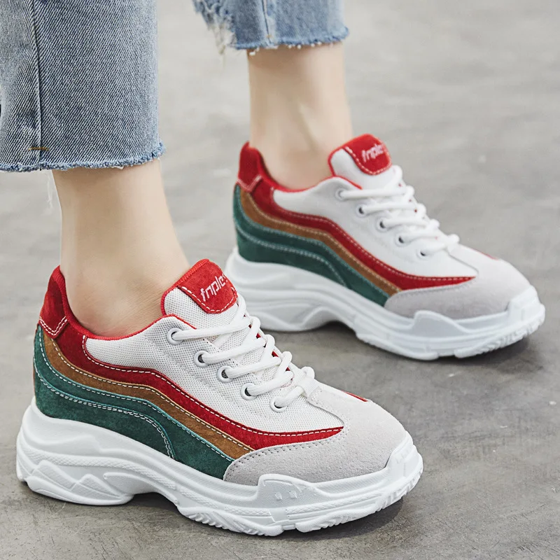 

2018 spring new leather high-rise casual shoes fashion simple color matching women's shoes thick-soled mesh flat shoes.