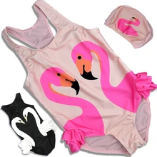 S-4XL Size Kids Baby Girl Swimwear with Hat 2017 Swan Flamingos Printed Swimsuits One Piece Children Summer Swimming Sunsuits
