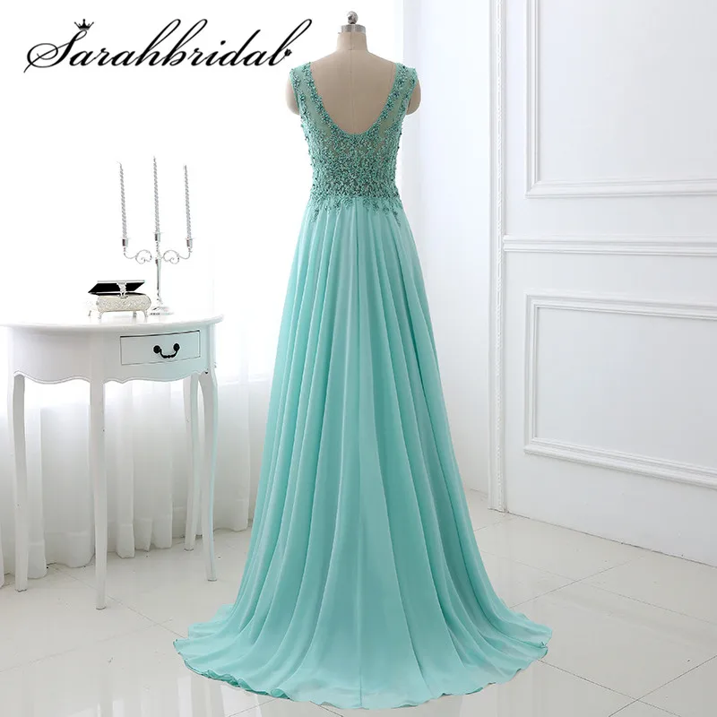 Mint Evening Dresses Long hot Sheer Jewel Neck Lace Applique Beaded Robe De Soiree Real Photo Backless Prom Party Gown LX329