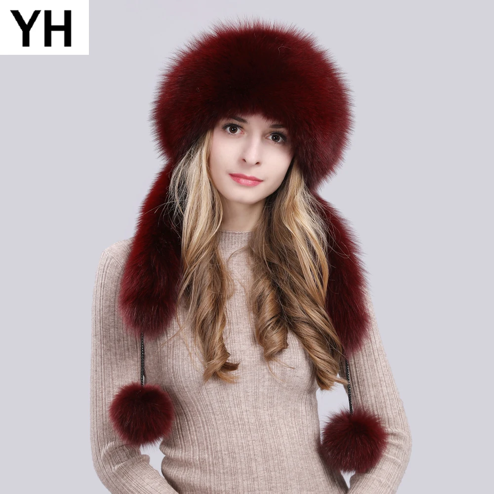 

Women Russia Winter Real Fox Fur Hat Warm Soft Fluffy Genuine Fox Fur Cap Luxurious Lady Good Quality Real Fox Fur Bomber Hats