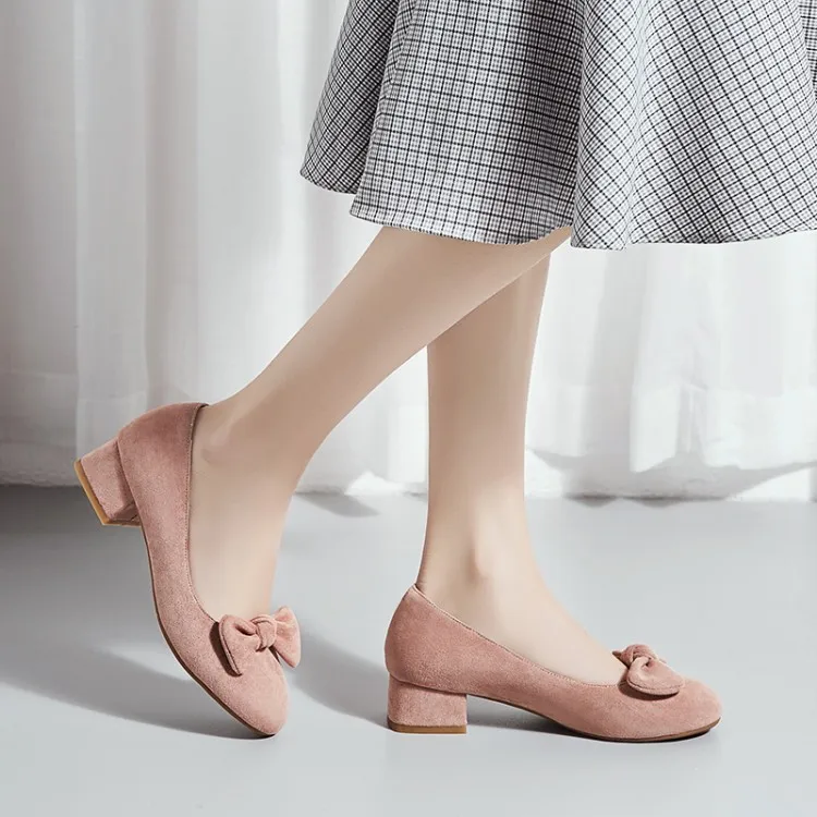 Туфли-лодочки весенне-осенний модный бант-бабочка женская обувь с круглым носком на толстом каблуке средней высоты, большие размеры 33-43