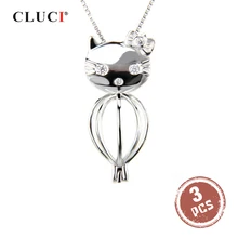 CLUCI 3 шт серебро 925 прекрасный кот клетка кулон стерлингового серебра 925 очаровательный кот медальон из жемчуга кулон для ожерелья ювелирные изделия