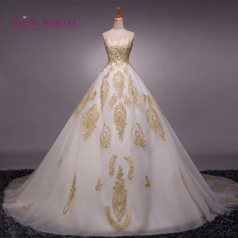 Wowbridal Wedding Dress Embroidery Gold with white Sweetheart vestido