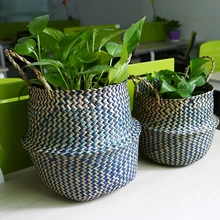 WHISM Handmade Folding Wicker Baskets Decorative Flower Pots Seagrass Hanging Planter Rattan Laundry Basket Home Organization