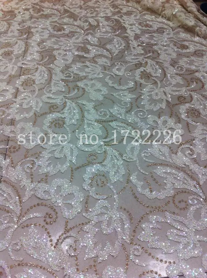 

golden beads white shining lovely design sequin lace shining flower hand print for lady sawing/wedding dress/veil,send by dhl