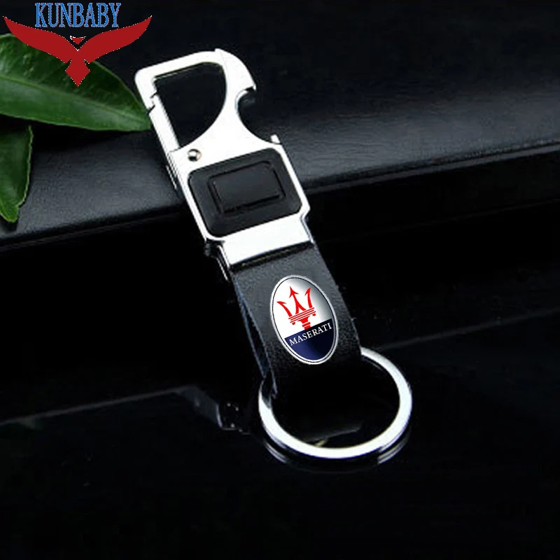 Новое поступление металлический Кожаный Автомобильный Брелок с кольцом-держателем с светодиодный открывалка для бутылок многофункциональный инструмент брелок для ключей брелок для Maserati