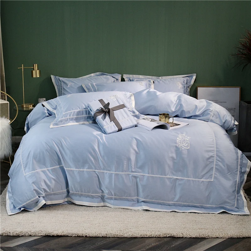 Egypt Cotton Classic Blue Bedding Set Embroidery Silky Duvet Cover Queen King Ebay