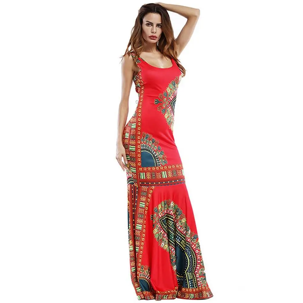 Fadzeco африканская Дашики наряды платья для женщин расклешенный подол печати широкий ремень Макси Анкара Платье африканские женские платья длинное платье - Цвет: Red