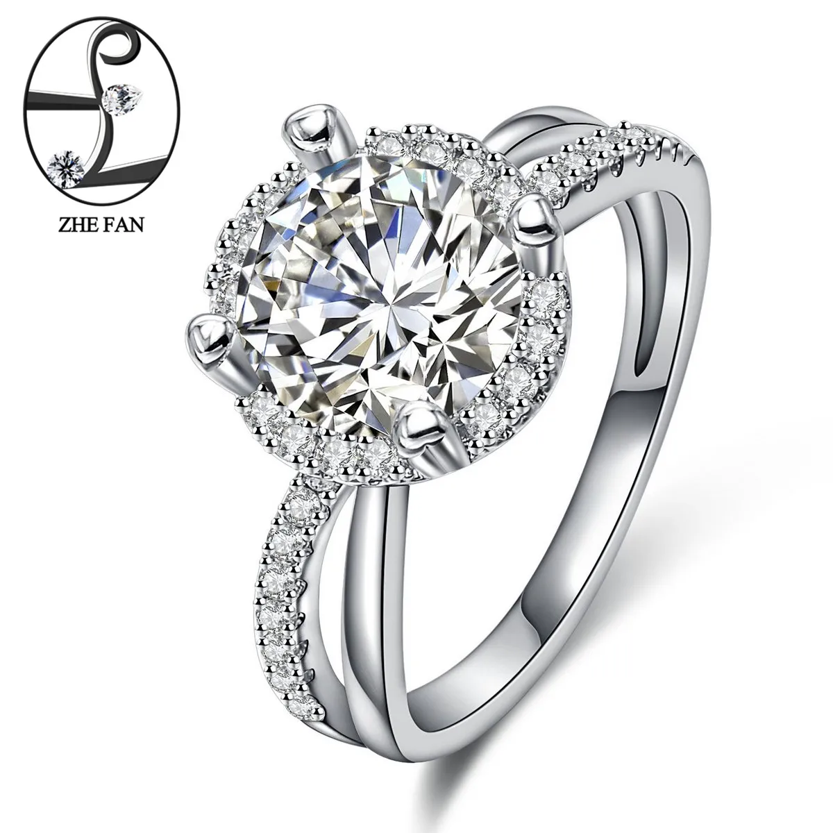 ZHE FAN AAA Cubic Zirconia Wedding Halo Ring Romantic White CZ Rhodium Plating 4 Prong Setting Jewelry For Women Size 5-10 | Украшения и
