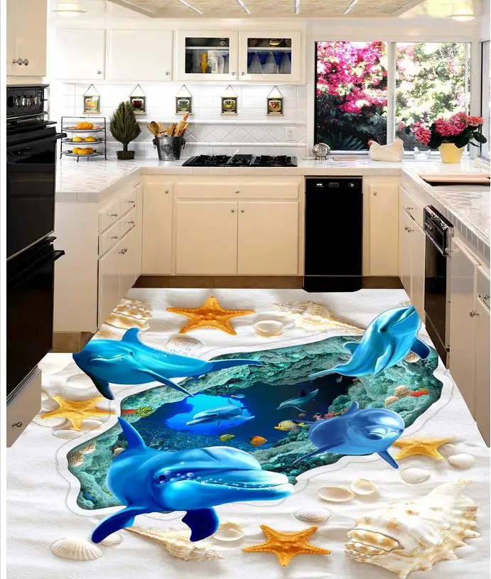 

Modern Sticker 3D Floor 3D Ocean World Floor Tile Floor Trap Dolphin Living Room Bathroom Backdrop Self-adhesive PVC Wallpaper