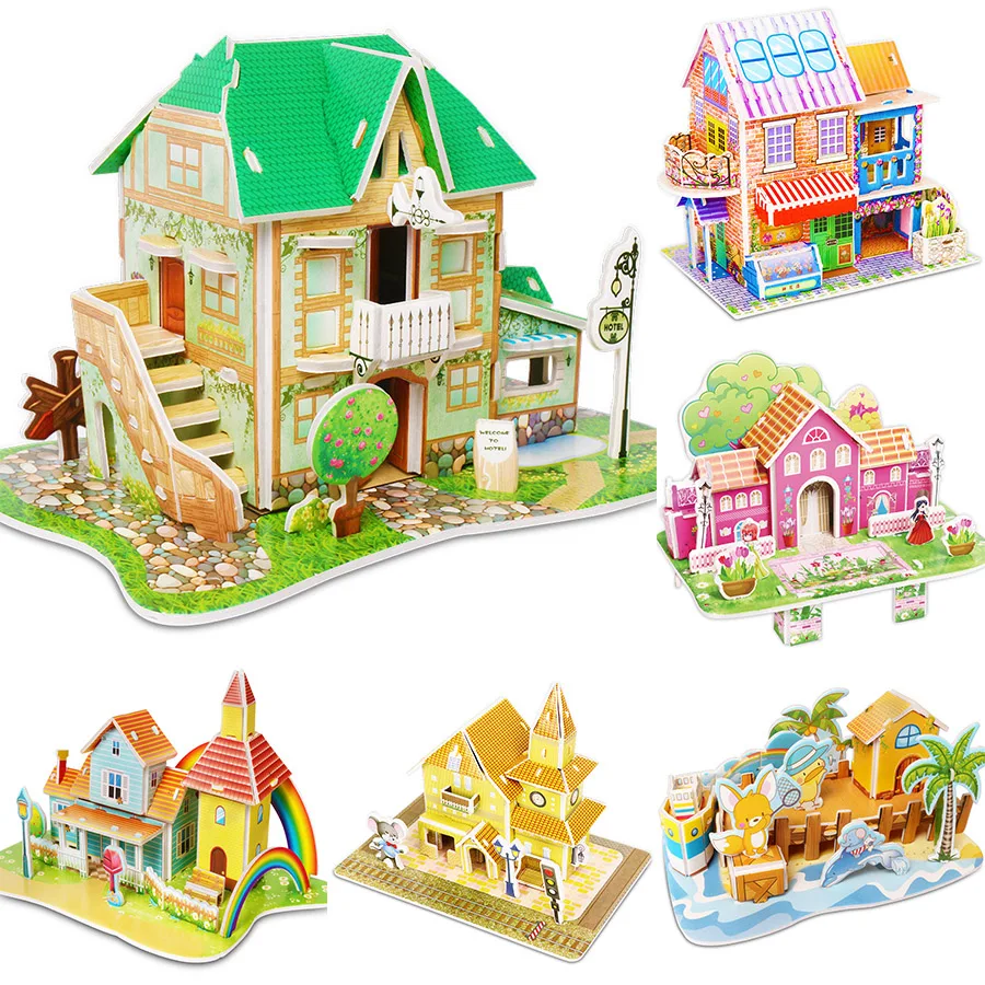 

3D DIY Puzzle Castle Model Cartoon 3D House Toys For Kids Intelligence Early Educational Construction Pattern Kids Toys