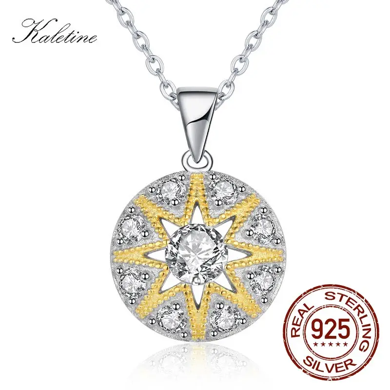 

KALETINE 925 Sterling Silver Pendant Necklace Women Round Sun Star CZ Charm Good Luck Necklace Accessories Turkey Jewelry