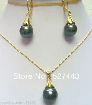 

Wholesale free shipping >>New Fashion 12mm Black shell pearl pendant Necklace earring set