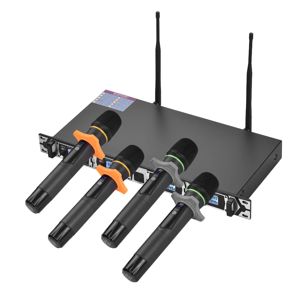 Muslady D4 Профессиональный 4-канал частоты UHF Беспроводной микрофон Системы включает в себя 4 портативный микрофон+ 1 стойку-приемник с креплением