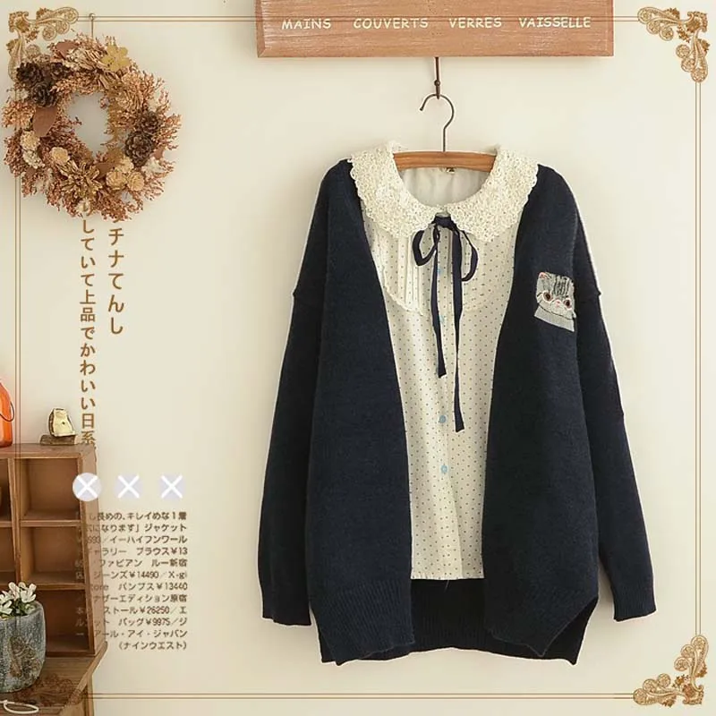 

Japanese Mori Girl Sweater Women Cute Cartoon Kitty Cat Embroidery V Neck Knitted Outwear Female Sweater Cardigan U288