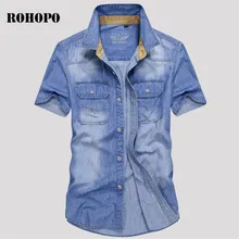 Рубашка ROHOPO, тонкая хлопковая джинсовая рубашка темно-синее небесно-голубое, с короткими рукавами,, мужские летние однотонные дышащие рубашки для отдыха