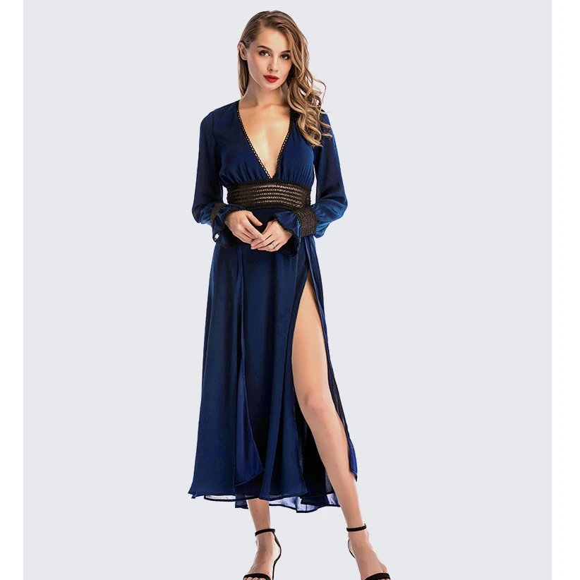 

ZADORIN Sexy Deep V Neck Long Sleeve Split Chiffon Dress Women Vintage Long Maxi Beach Party Summer Dresses Casual dames jurken