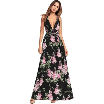 

2018 Summer Autumn Euramerica Playa Dress Women's Clothing New Sexy V Backless Big Beach Chiffon Dress Playaro Vestidos Mujer