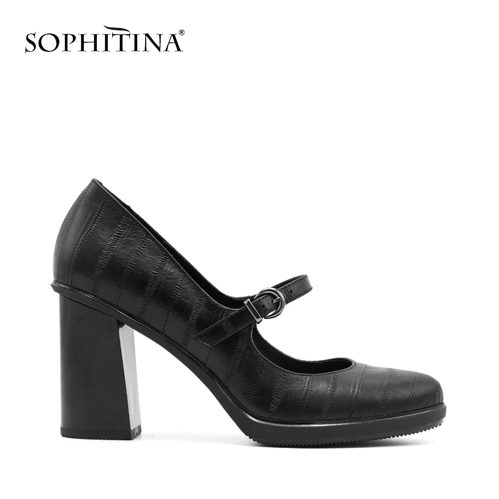 Acheter SOPHITINA Marque Véritable En Cuir Dame Pompes Boucle Sangle Confortable Épais À Talons Hauts Chaussures Rétro Bout Rond Main Party Chaussures D12