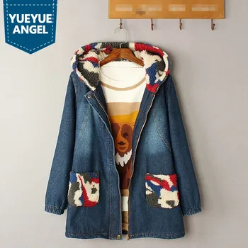 

Winter New Fashion Indie Folk Denim Jean Coats Women Embroidery Pockets Printed Zipper Hooded Long Parkas Female Thick Warm Blue
