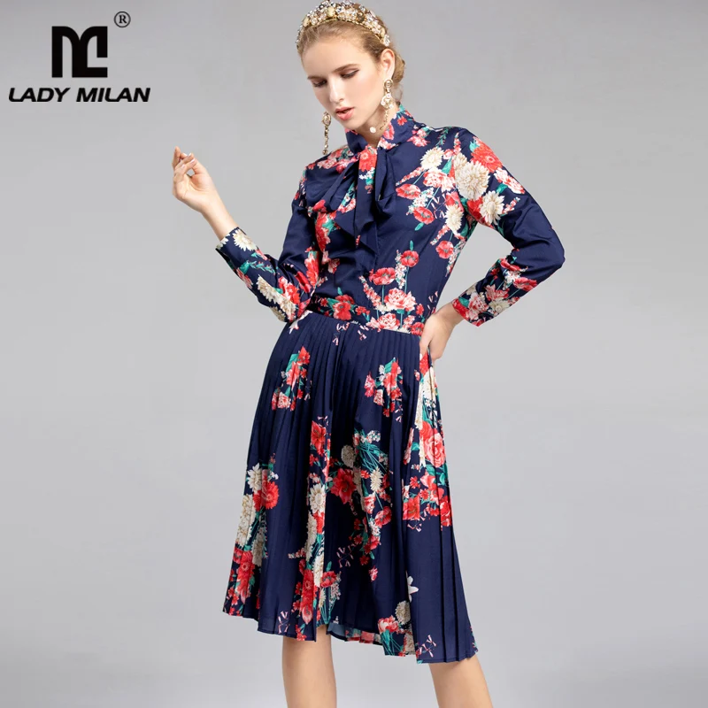 

2019 Women's Long Sleeves Printed Bow Detailing Shirt with Floral Pleated Skirts Fashion Designer Twinsets Runway Dress Sets