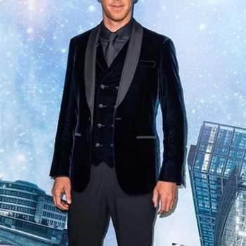 

2017 Navy Blue Velvet Mens Suits formal Men suit Tuxedos With Double Breasted Vest (Jacket+Pants+Vest) costume homme mariage