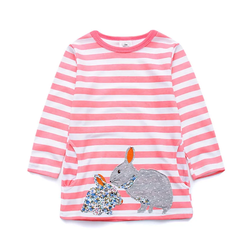 

Baby girls top quality autumn dresses girls long sleeve cute striped cartoon dress with applique two cute cartoon rabbits 2017