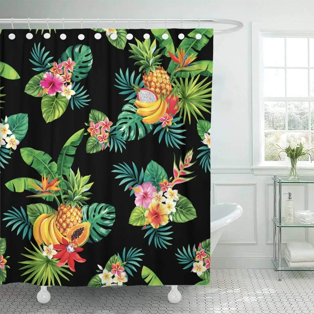 Shower Curtain Colorful Brazil with Tropical Fruits Palm Leaves and Flowers Green Floral Foliage Aloha Decorative Bathroom | Дом и сад